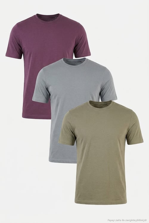 Pamuklu Regular Fit Bisiklet Yaka 3'lü Paket Erkek T Shirt 59020204S3 Mürdüm-Vizon Yeşili-Açık Gri