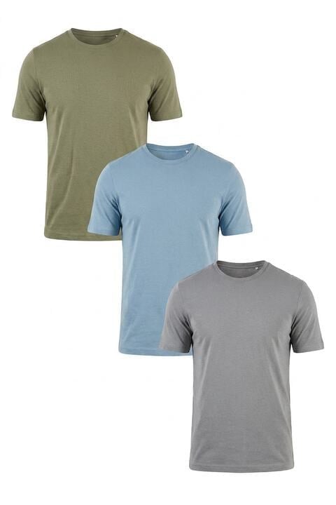 Pamuklu Regular Fit Bisiklet Yaka 3'lü Paket Erkek T Shirt 59020204S3 Vizon Yeşil-Mavi-Açık Gri
