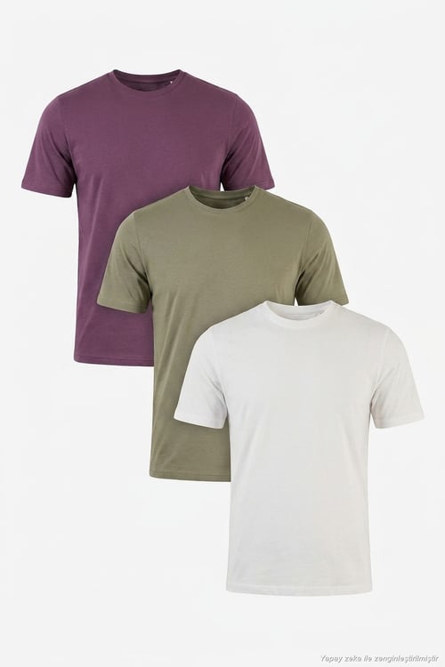 Pamuklu Regular Fit Bisiklet Yaka 3'lü Paket Erkek T Shirt 59020204S3 Mürdüm-Vizon Yeşili-Ekru