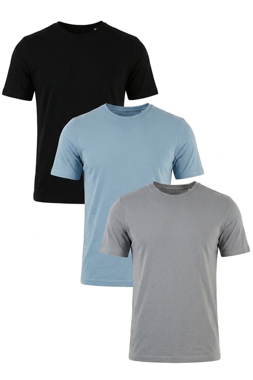 Pamuklu Regular Fit Bisiklet Yaka 3'lü Paket Erkek T Shirt 59020204S3 Siyah-Mavi-Açık Gri