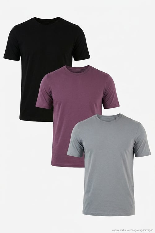 Pamuklu Regular Fit Bisiklet Yaka 3'lü Paket Erkek T Shirt 59020204S3 Siyah-Mürdüm-Açık Gri