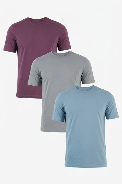 Pamuklu Regular Fit Bisiklet Yaka 3'lü Paket Erkek T Shirt 59020204S3 Mürdüm-Mavi-Açık Gri