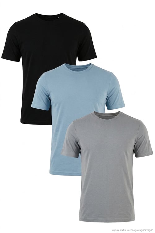 Pamuklu Regular Fit Bisiklet Yaka 3'lü Paket Erkek T Shirt 59020204S3 Siyah-Mavi-Açık Gri