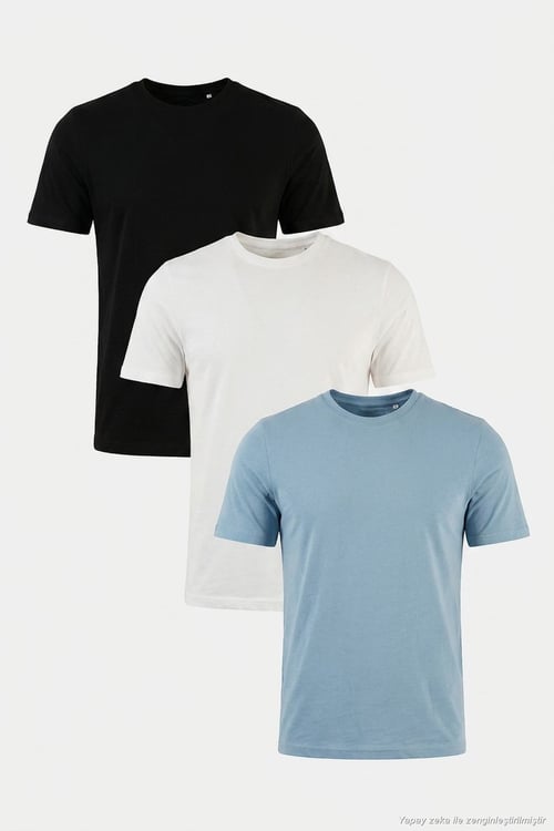 Pamuklu Regular Fit Bisiklet Yaka 3'lü Paket Erkek T Shirt 59020204S3 Siyah-Mavi-Ekru