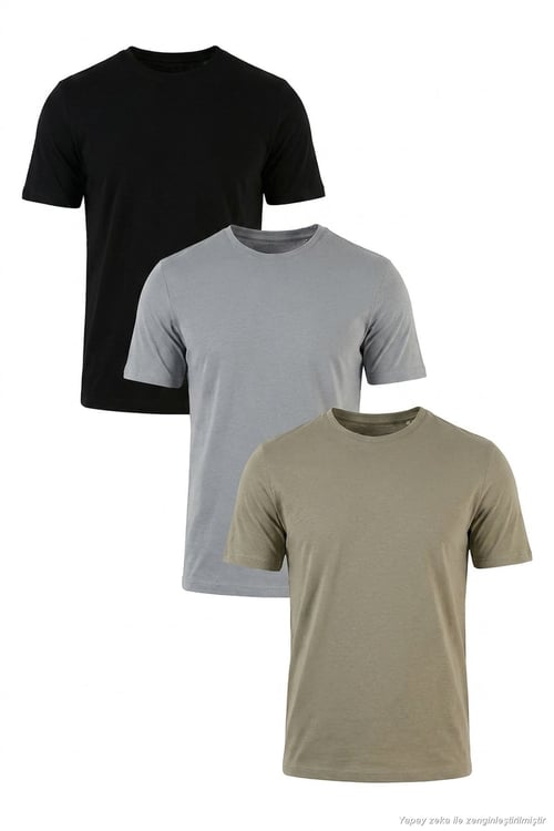 Pamuklu Regular Fit Bisiklet Yaka 3'lü Paket Erkek T Shirt 59020204S3 Siyah-Vizon Yeşili-Açık Gri