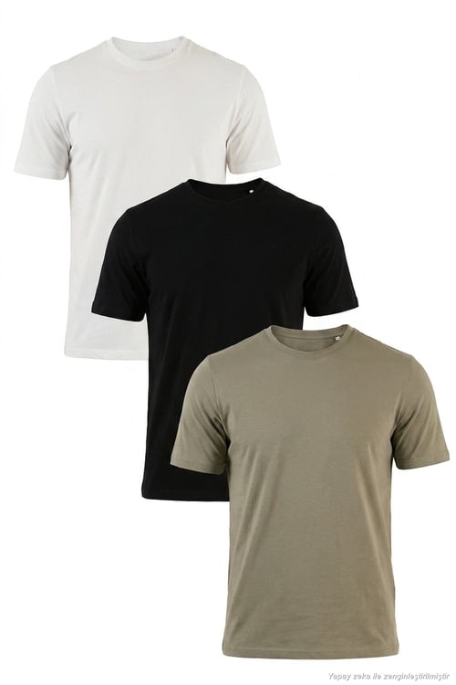 Pamuklu Regular Fit Bisiklet Yaka 3'lü Paket Erkek T Shirt 59020204S3 Siyah-Vizon Yeşili-Ekru