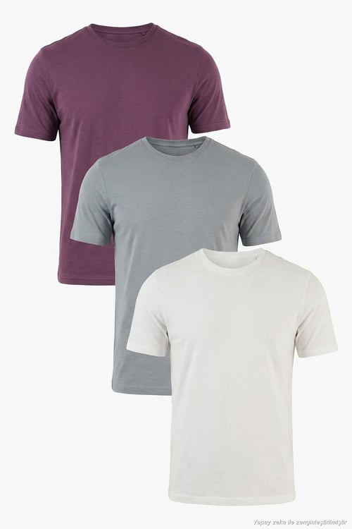 Pamuklu Regular Fit Bisiklet Yaka 3'lü Paket Erkek T Shirt 59020204S3 Mürdüm-Açık Gri-Ekru