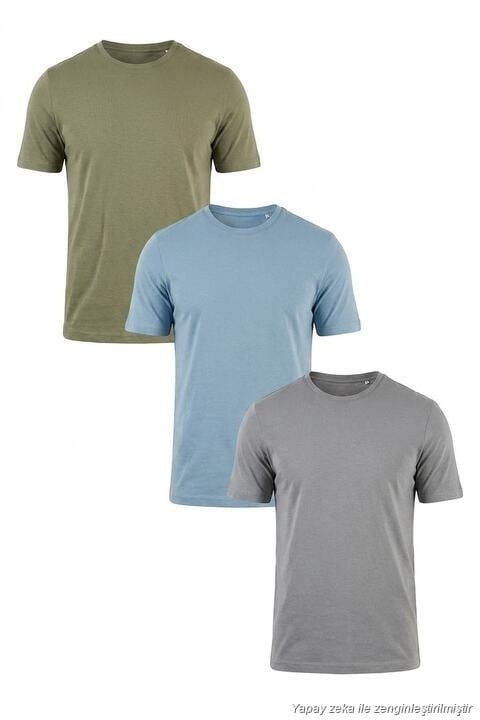 Pamuklu Regular Fit Bisiklet Yaka 3'lü Paket Erkek T Shirt 59020204S3 Vizon Yeşil-Mavi-Açık Gri