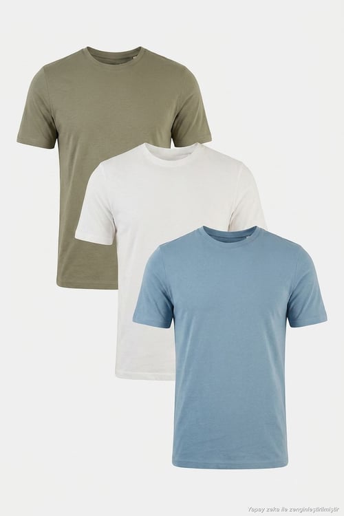 Pamuklu Regular Fit Bisiklet Yaka 3'lü Paket Erkek T Shirt 59020204S3 Vizon Yeşili-Mavi-Ekru