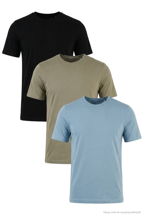 Pamuklu Regular Fit Bisiklet Yaka 3'lü Paket Erkek T Shirt 59020204S3 Siyah-Vizon Yeşili-Mavi