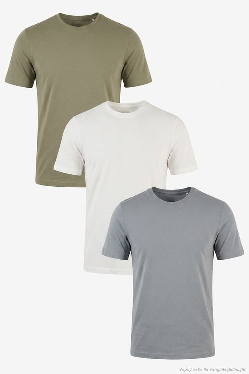 Pamuklu Regular Fit Bisiklet Yaka 3'lü Paket Erkek T Shirt 59020204S3 Vizon Yeşili-Açık Gri-Ekru