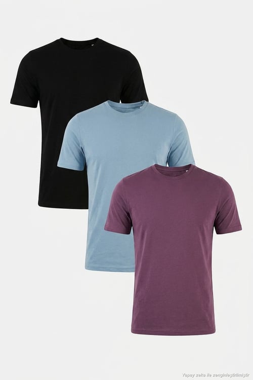 Pamuklu Regular Fit Bisiklet Yaka 3'lü Paket Erkek T Shirt 59020204S3 Siyah-Mürdüm-Mavi