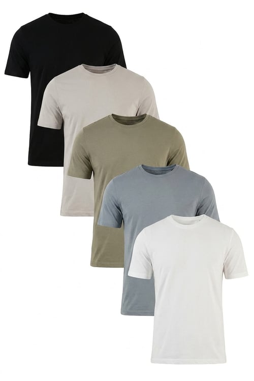 Pamuklu Regular Fit Bisiklet Yaka 5'li Paket Erkek T Shirt 59020204S5 Siyah-Vizon Yeşili-Kül-Açık Gri-Ekru