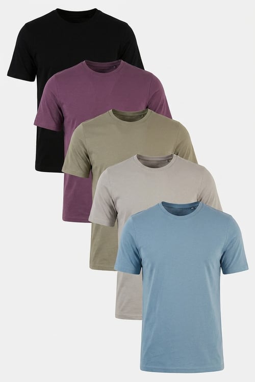 Pamuklu Regular Fit Bisiklet Yaka 5'li Paket Erkek T Shirt 59020204S5 Siyah-Mürdüm-Vizon Yeşili-Kül-Mavi