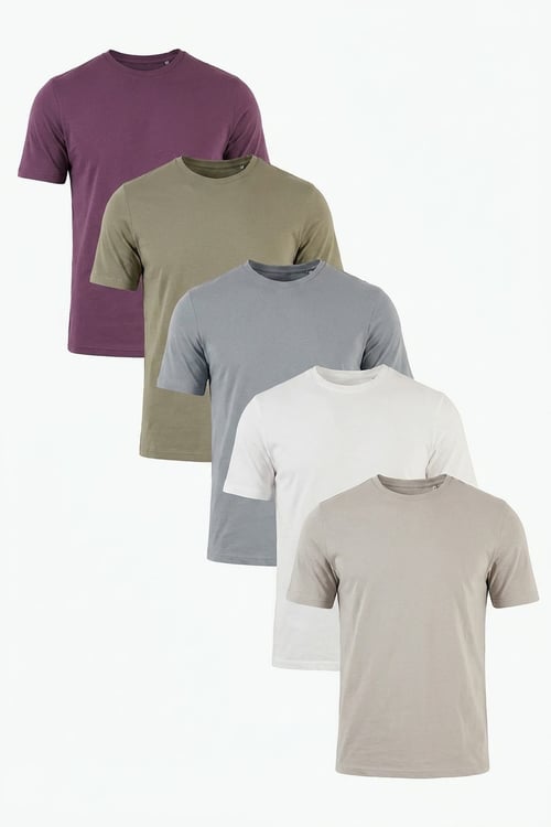 Pamuklu Regular Fit Bisiklet Yaka 5'li Paket Erkek T Shirt 59020204S5 Mürdüm-Vizon Yeşili-Kül-Açık Gri-Ekru
