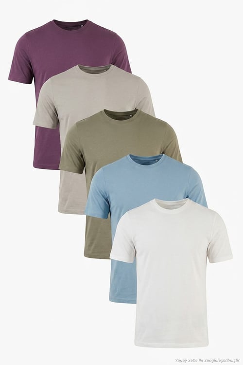 Pamuklu Regular Fit Bisiklet Yaka 5'li Paket Erkek T Shirt 59020204S5 Mürdüm-Vizon Yeşili-Kül-Mavi-Ekru