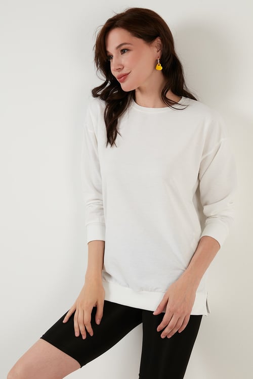 Pamuklu Regular Fit Bisiklet Yaka Basic Kadın Sweat 5863569 EKRU