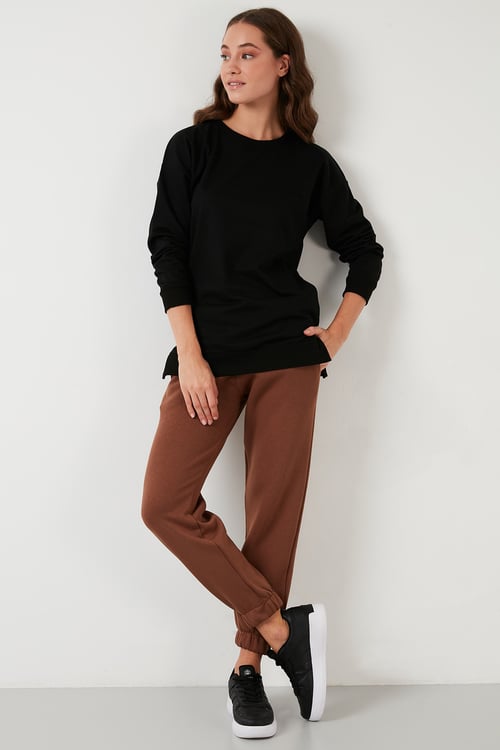 Pamuklu Regular Fit Bisiklet Yaka Basic Kadın Sweat 5863569 SİYAH