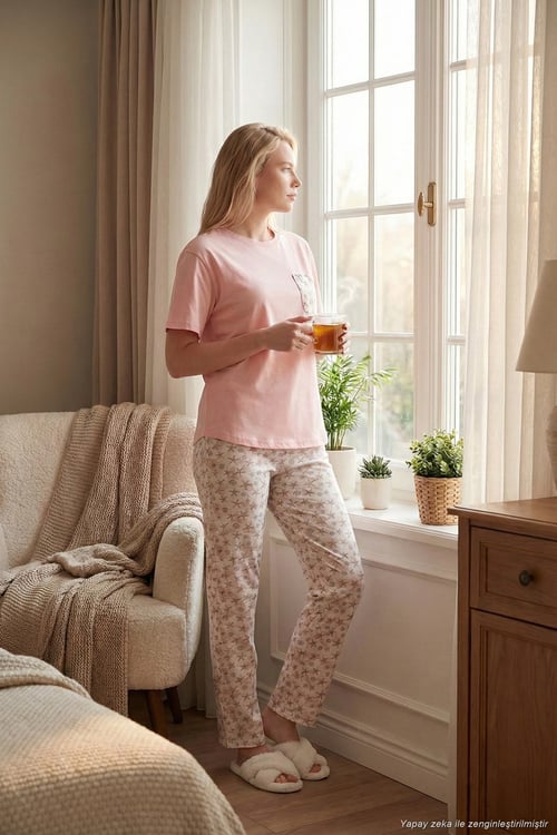 Pamuklu Regular Fit Bisiklet Yaka Cep Detaylı Kadın Pijama Takımı 6091325 SOMON