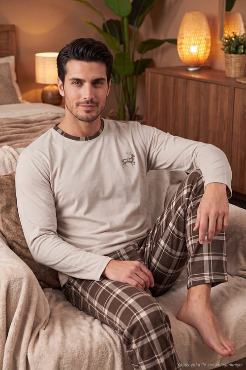 Pamuklu Regular Fit Bisiklet Yaka Ekoseli Erkek Pijama Takımı 6574001 BEJ
