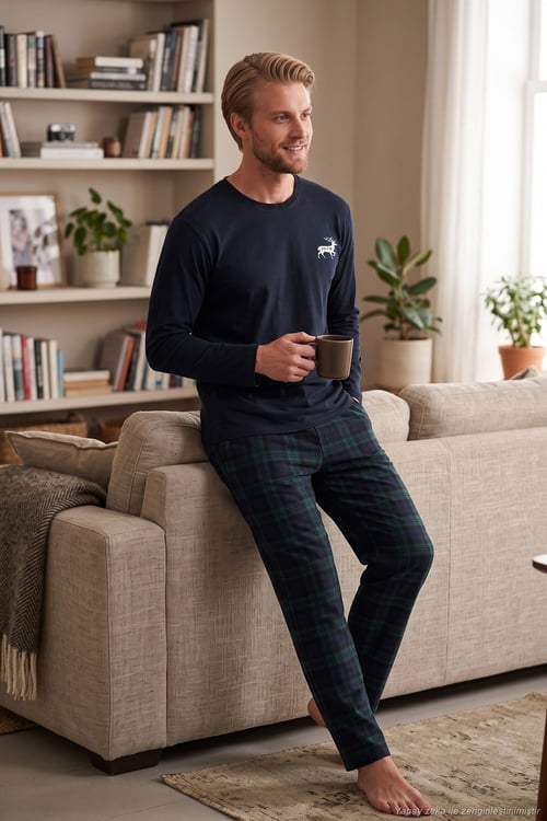 Pamuklu Regular Fit Bisiklet Yaka Ekoseli Erkek Pijama Takımı 6574001 LACİVERT