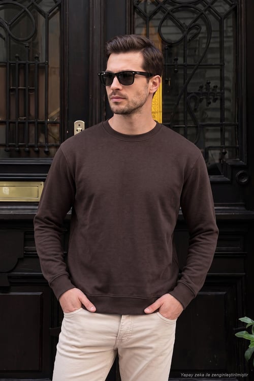 Pamuklu Regular Fit Bisiklet Yaka Erkek Sweat 5905965 KAHVE