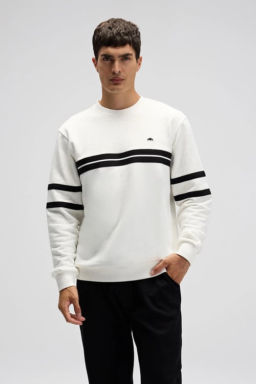 Pamuklu Regular Fit Bisiklet Yaka Şerit Detaylı Erkek Sweat EM618-OF BEYAZ