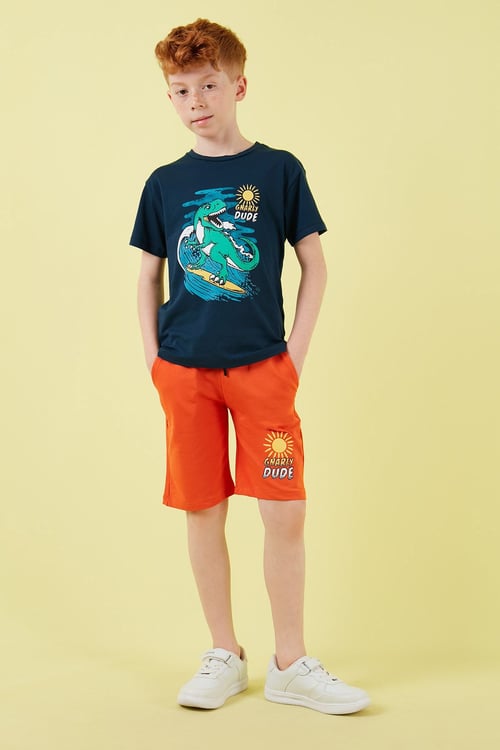 Pamuklu Regular Fit Bisiklet Yaka Şortlu Alt-Üst Erkek Çocuk Takım 6212019 İNDİGO