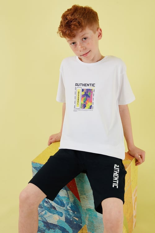 Pamuklu Regular Fit Bisiklet Yaka Şortlu Alt-Üst Erkek Çocuk Takım 6212011 BEYAZ