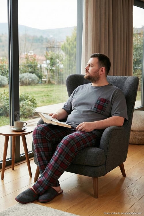 Pamuklu Regular Fit Büyük Beden Erkek Pijama Takımı 6572002B ANTRASİT
