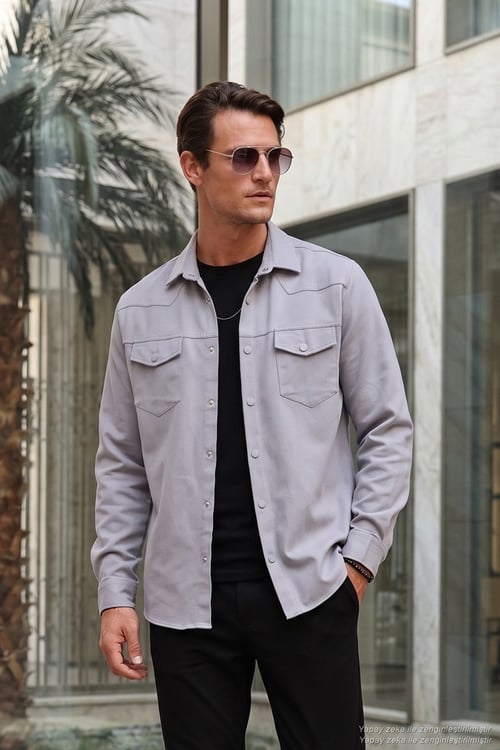 Pamuklu Regular Fit Çift Cepli Erkek Gömlek CF24W116927 GRİ
