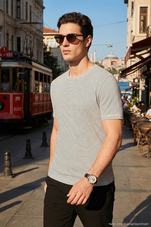 Pamuklu Regular Fit Çizgili Bisiklet Yaka Erkek T Shirt 5904030 BEYAZ
