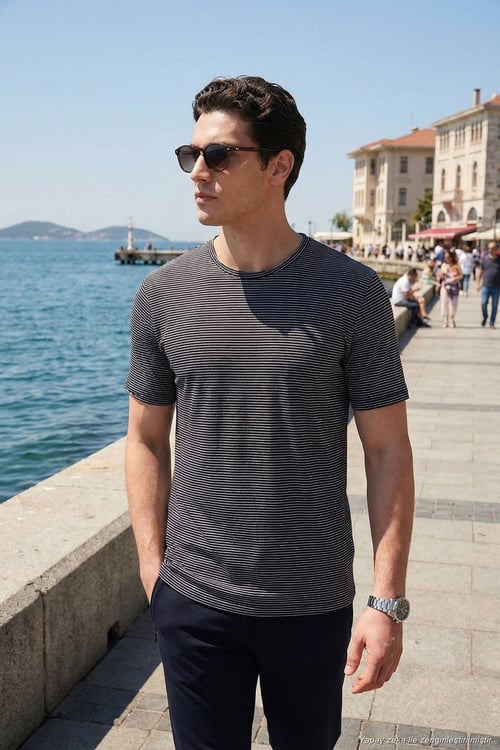 Pamuklu Regular Fit Çizgili Bisiklet Yaka Erkek T Shirt 5904030 LACİVERT