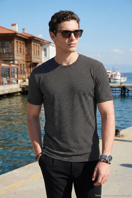 Pamuklu Regular Fit Çizgili Bisiklet Yaka Erkek T Shirt 5904030 SİYAH