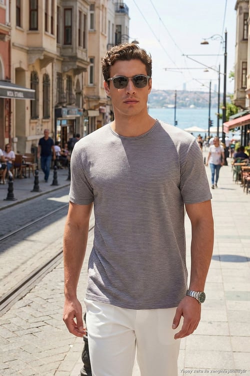 Pamuklu Regular Fit Çizgili Bisiklet Yaka Erkek T Shirt 5904030 AÇIK HAKİ