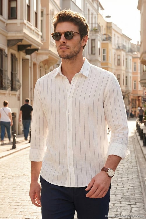 Pamuklu Regular Fit Çizgili Klasik Yaka Uzun Kollu Erkek Gömlek CF26S129774 BEYAZ
