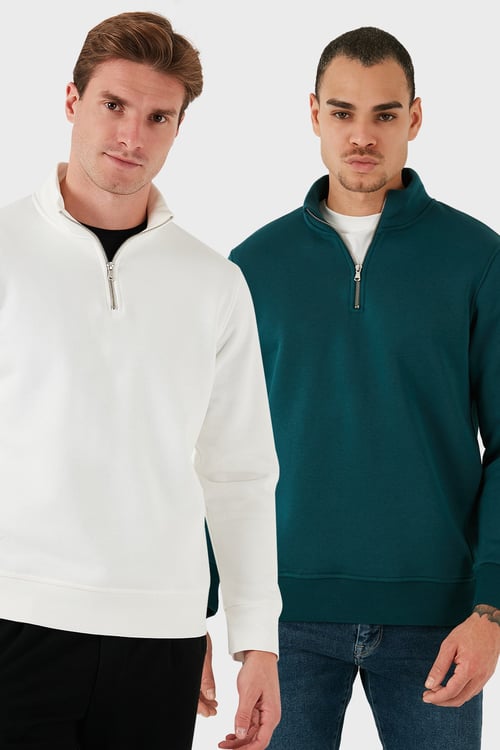 Pamuklu Regular Fit Dik Yaka 2'li Paket Erkek Sweat 59052592S2 Ekru-Petrol