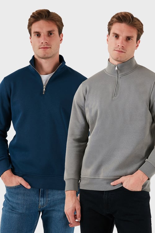 Pamuklu Regular Fit Dik Yaka 2'li Paket Erkek Sweat 59052592S2 Açık Haki-İndigo