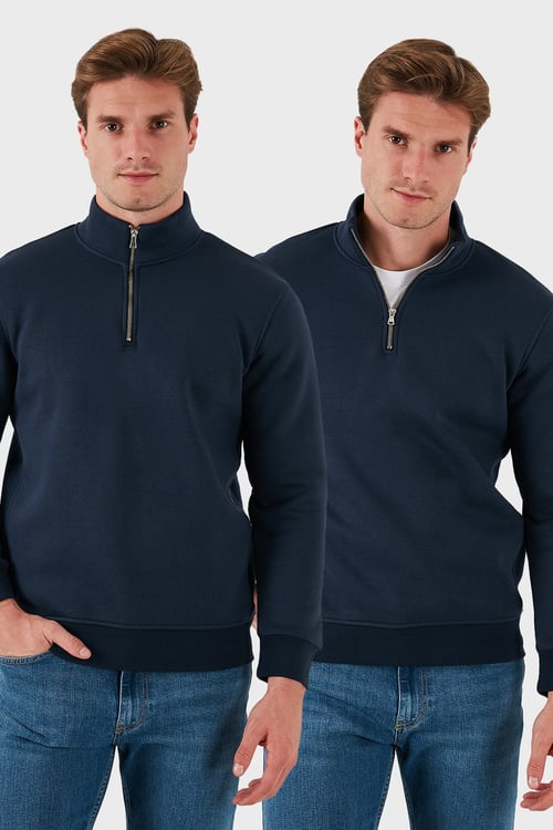 Pamuklu Regular Fit Dik Yaka 2'li Paket Erkek Sweat 59052592S2 Koyu Lacivert-Koyu Lacivert