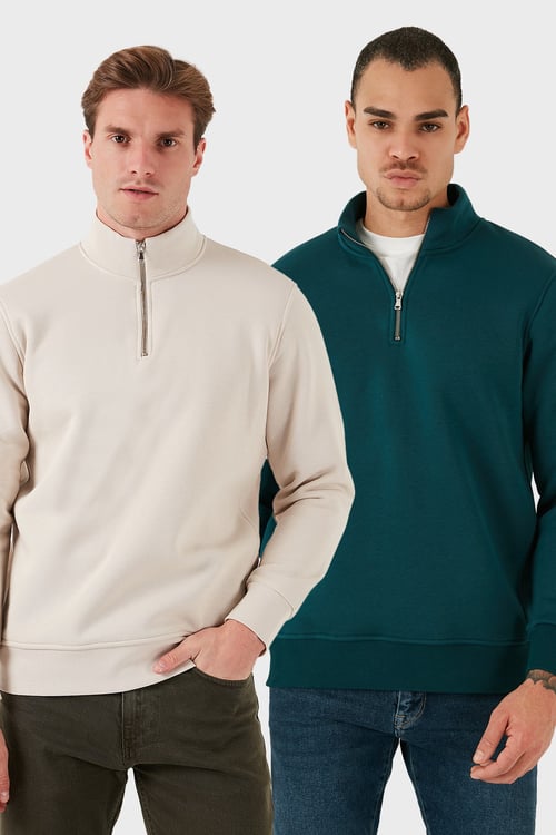 Pamuklu Regular Fit Dik Yaka 2'li Paket Erkek Sweat 59052592S2 PETROL-KUM