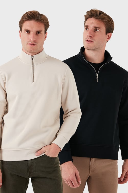 Pamuklu Regular Fit Dik Yaka 2'li Paket Erkek Sweat 59052592S2 KUM-SİYAH