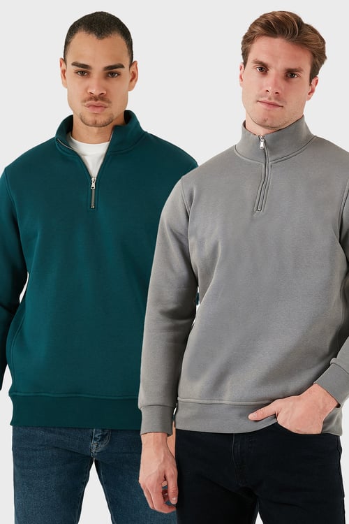 Pamuklu Regular Fit Dik Yaka 2'li Paket Erkek Sweat 59052592S2 Açık Haki-Petrol