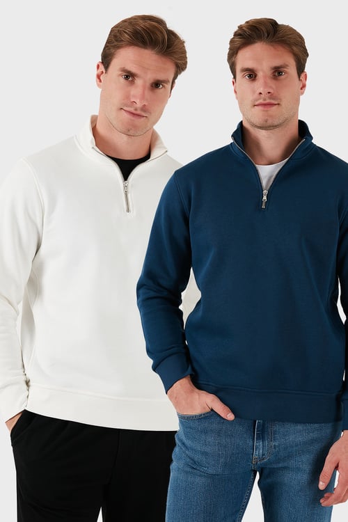 Pamuklu Regular Fit Dik Yaka 2'li Paket Erkek Sweat 59052592S2 Ekru-İndigo