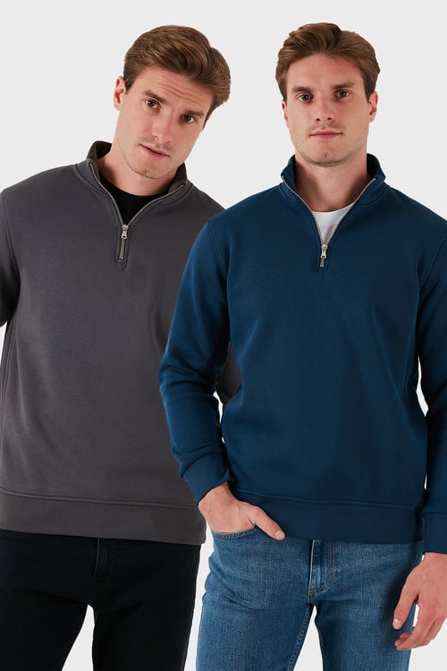 Pamuklu Regular Fit Dik Yaka 2'li Paket Erkek Sweat 59052592S2 ANTRASİT-İNDİGO
