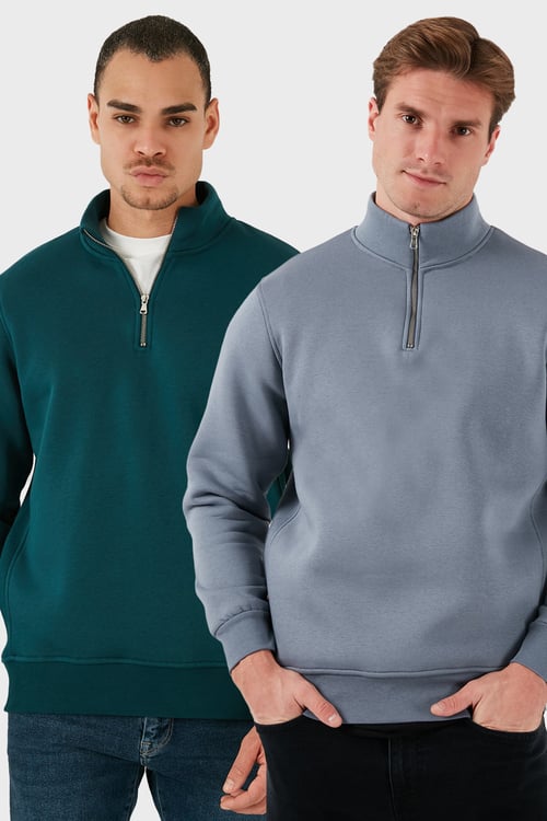 Pamuklu Regular Fit Dik Yaka 2'li Paket Erkek Sweat 59052592S2 Koyu Gri-Petrol
