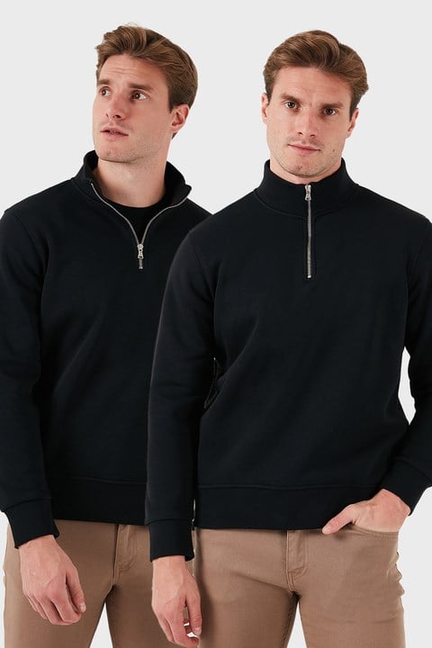 Pamuklu Regular Fit Dik Yaka 2'li Paket Erkek Sweat 59052592S2 SİYAH-SİYAH