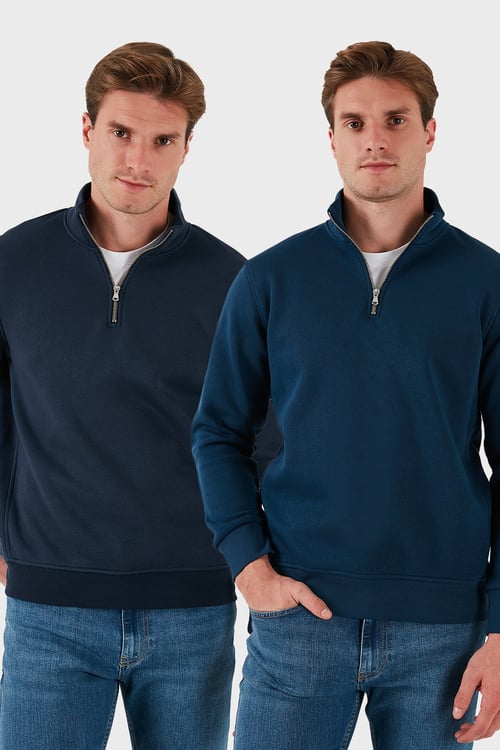 Pamuklu Regular Fit Dik Yaka 2'li Paket Erkek Sweat 59052592S2 Koyu Lacivert-İndigo
