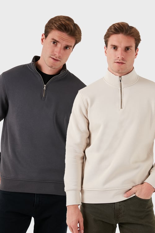Pamuklu Regular Fit Dik Yaka 2'li Paket Erkek Sweat 59052592S2 KUM-ANTRASİT