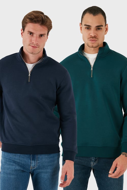 Pamuklu Regular Fit Dik Yaka 2'li Paket Erkek Sweat 59052592S2 Koyu Lacivert-Petrol
