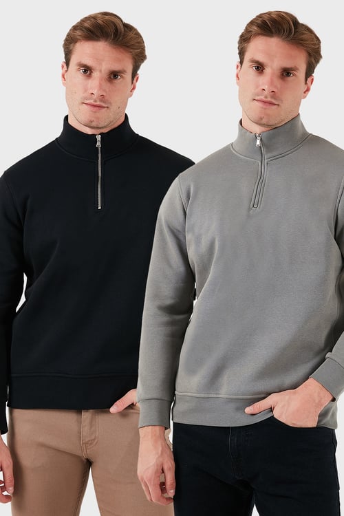 Pamuklu Regular Fit Dik Yaka 2'li Paket Erkek Sweat 59052592S2 Siyah-Açık Haki